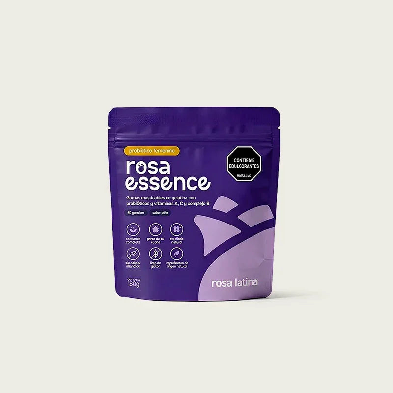 Bolsa violeta de Rosa Essence, probiótico femenino en gomitas con vitaminas y prebióticos.