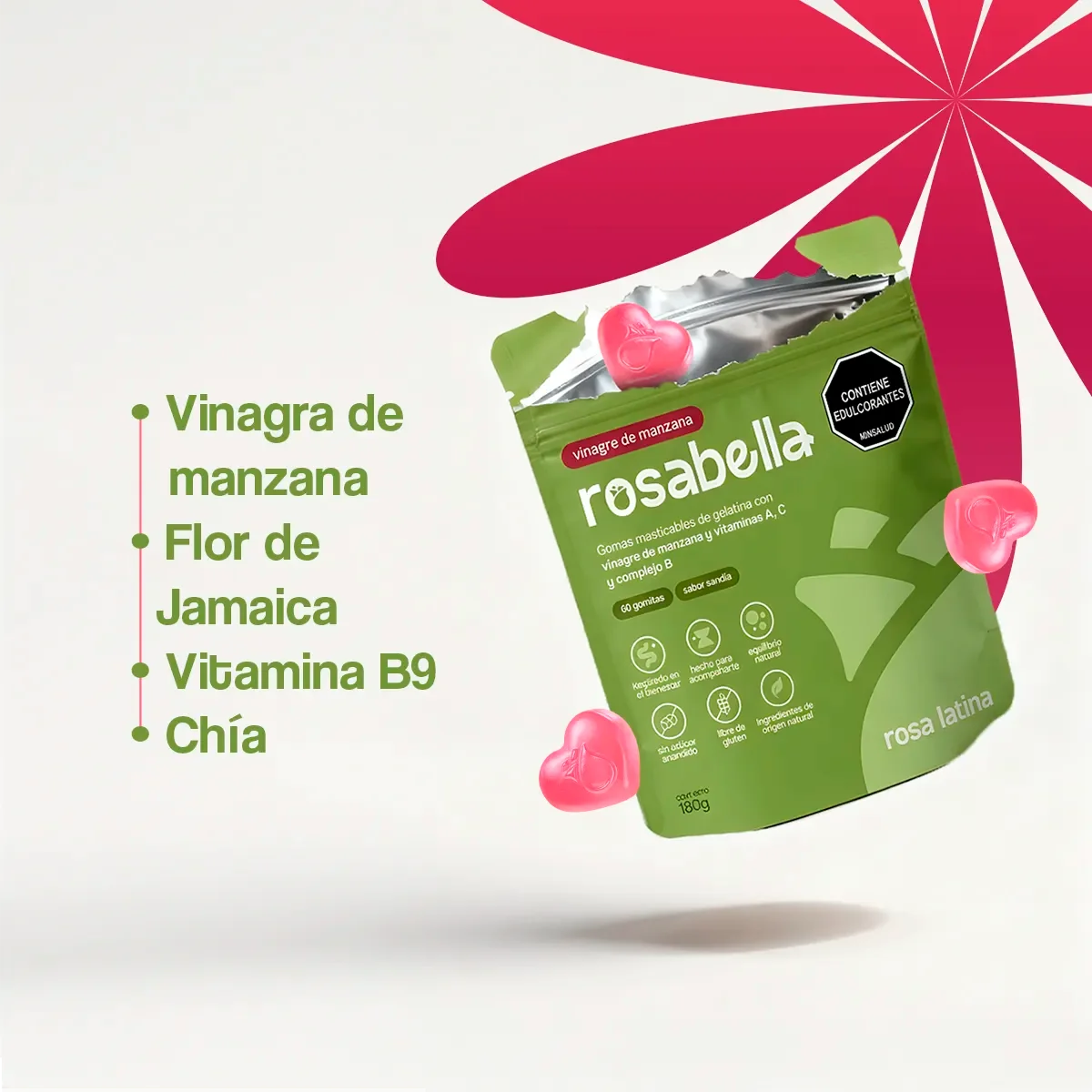 Bolsa de gomitas Rosabella sabor manzana, vitaminas, ingredientes naturales y gomitas en forma de corazón.