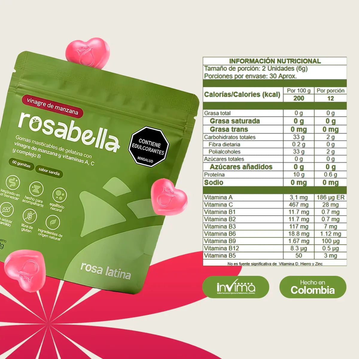 Gomitas rosabella sabor sandía con vinagre de manzana, vitaminas y tabla nutricional visible.