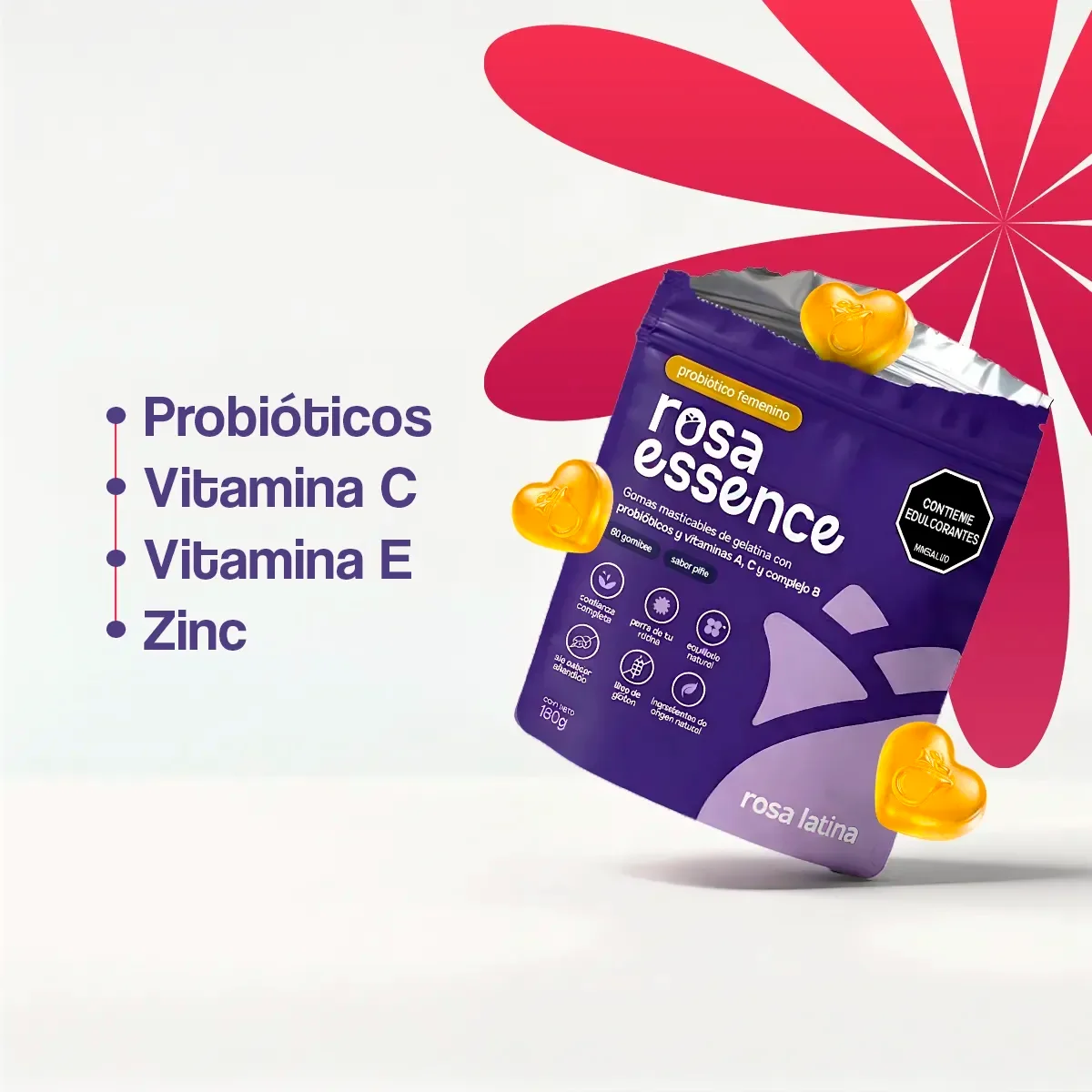 Bolsa de gomitas probióticas rosa essence con vitaminas C, E y zinc sobre fondo claro.