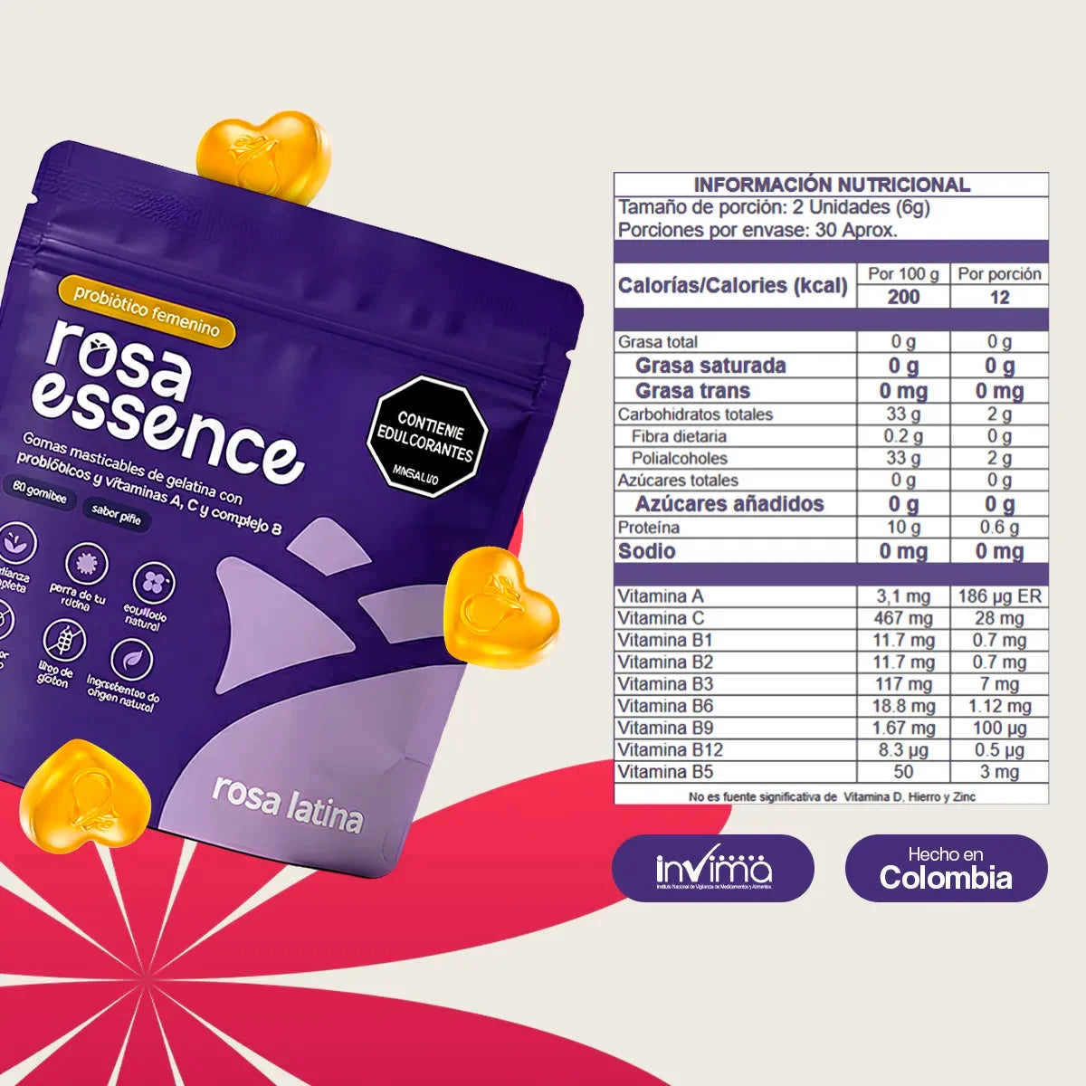 Bolsa de probióticos femeninos rosa essence sabor piña con vitaminas y tabla nutricional.