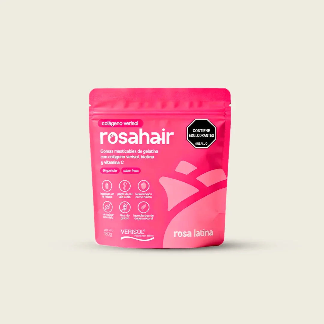 Bolsa rosa de gomitas Rosa Hair con colágeno, biotina y vitamina C, sabor fresa.