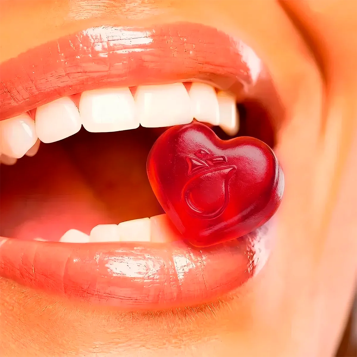 Mujer sonriente sosteniendo gomita roja en forma de corazón con labios pintados
