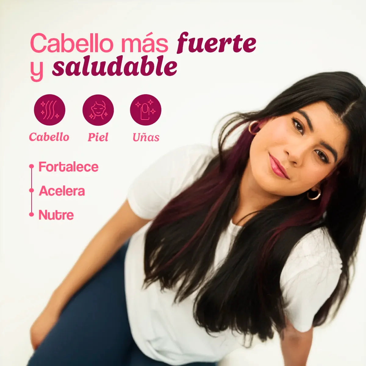 Mujer latina con cabello largo y saludable, texto beneficios para cabello, piel y uñas.