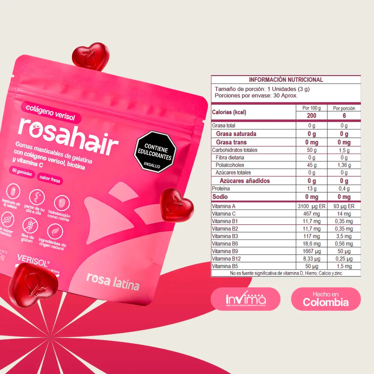 Bolsa rosa de gomitas rosahair colágeno verisol sabor fresa, info nutricional de fondo.