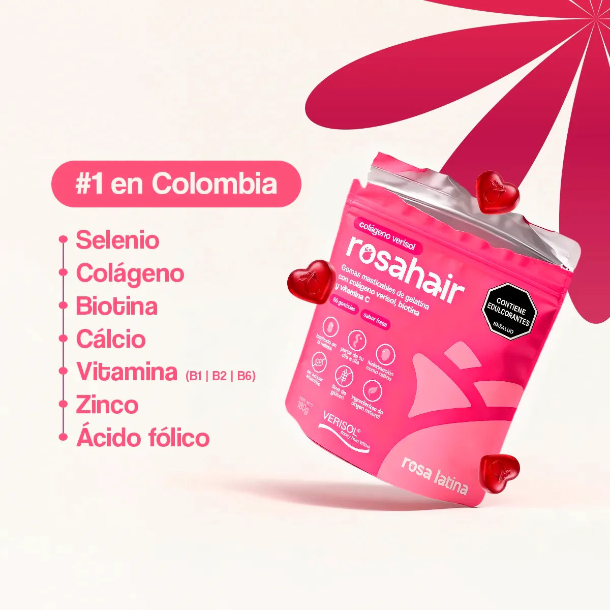 Bolsa de gomitas rosadas Rosahair con colágeno, biotina y vitaminas para el cabello.